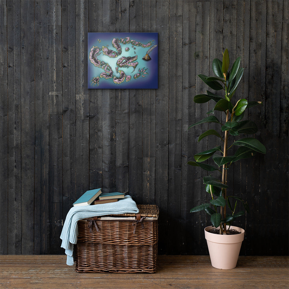 The colored Dragon Isles map by Deven Rue is hung on a 16" by 20" canvas with a basket and a rubber tree plant.