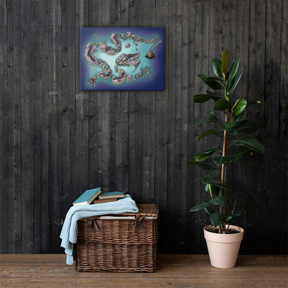 The colored Dragon Isles map by Deven Rue is hung on a 18" by 24" canvas with a basket and a rubber tree plant.