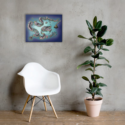 The colored Dragon Isles map by Deven Rue is hung on a 18" by 24" canvas with a chair and a rubber tree plant.