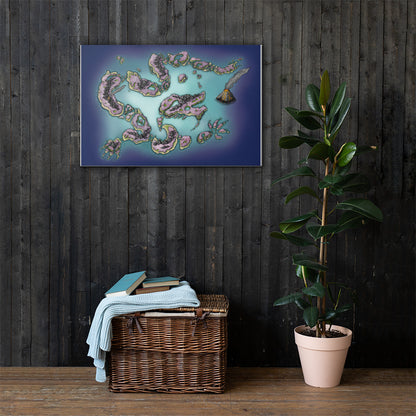 The colored Dragon Isles map by Deven Rue is hung on a 24" by 36" canvas with a basket and a rubber tree plant.