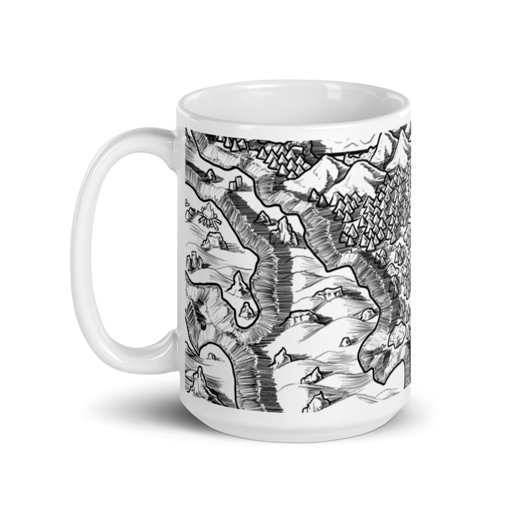 A black and white A Sudden Respite map by Deven Rue wraps around a white mug.