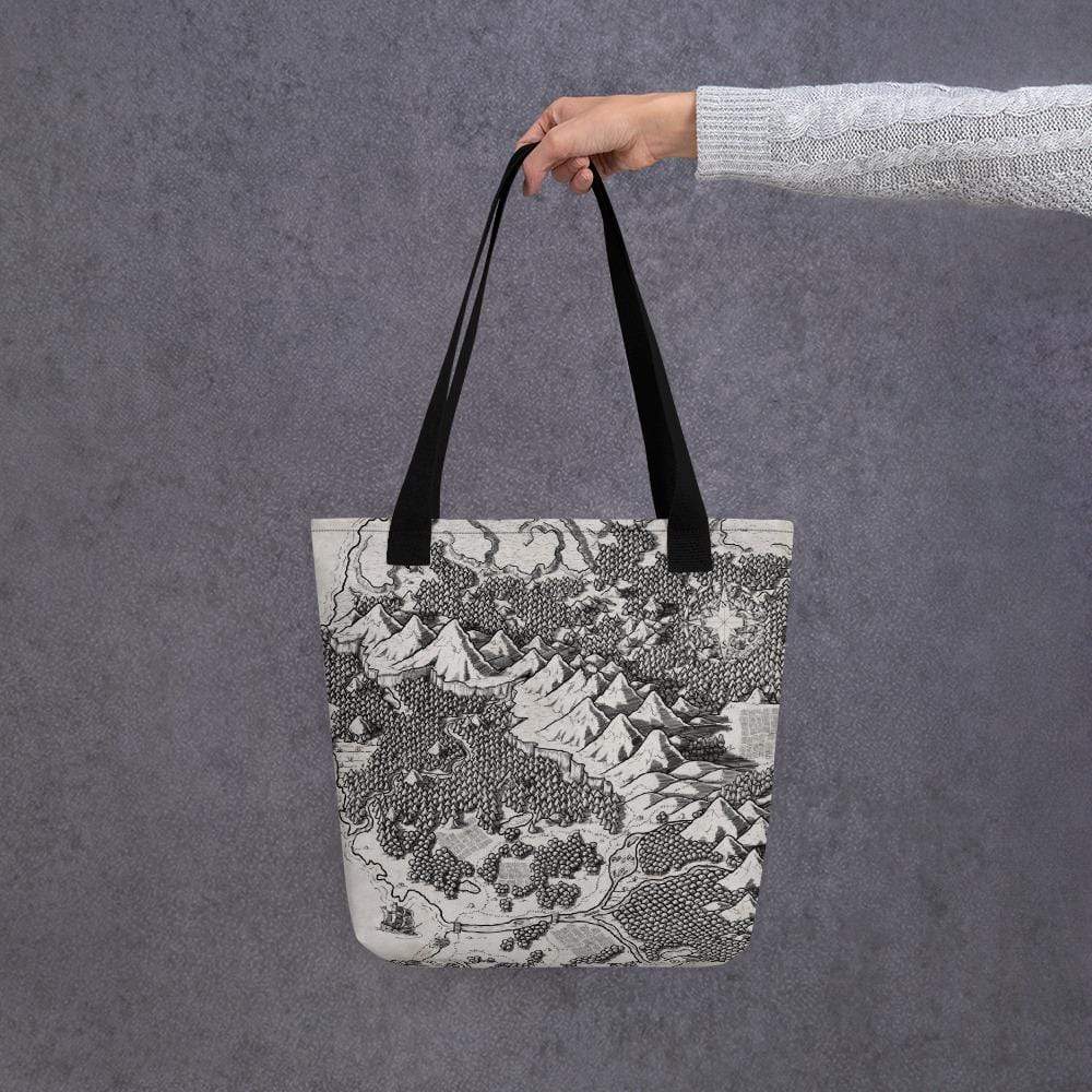 A tote bag with a black and white map illustration and black straps.