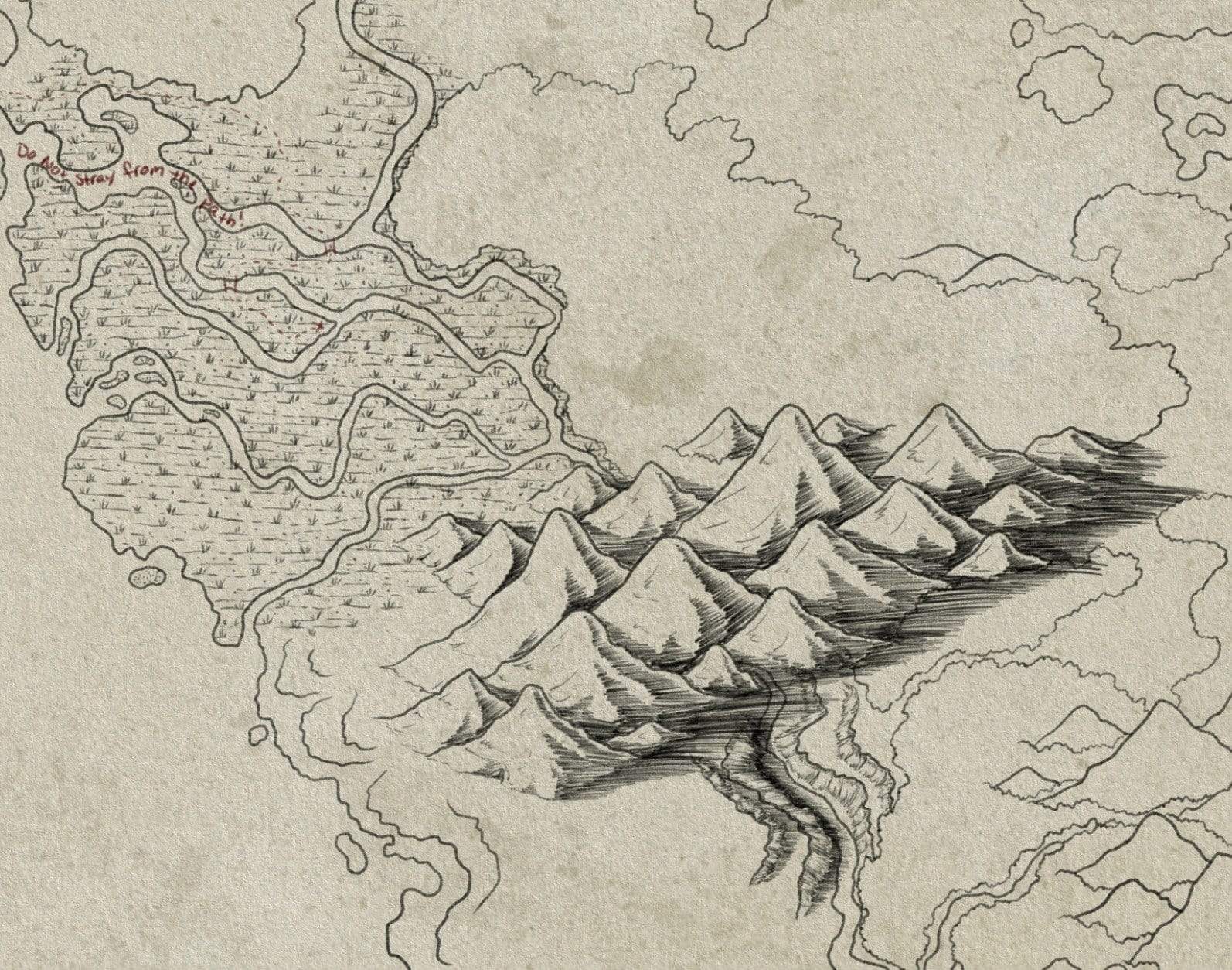 A portion of a sketched regional map by Deven Rue.