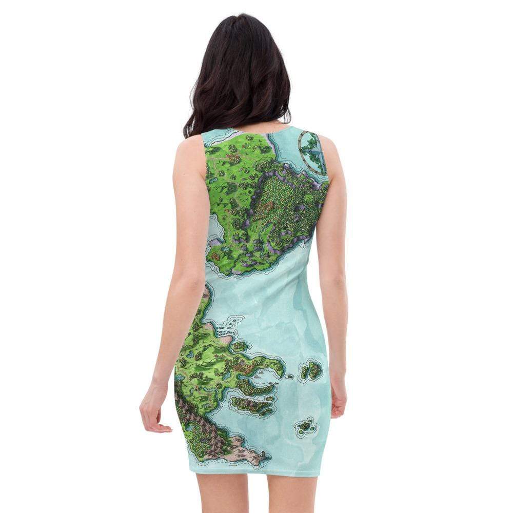 Back view: A model wears a fitted tank top dress with the Euphoros map by Deven Rue.