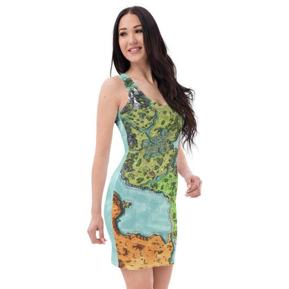 Right side view: A model wears a fitted tank top dress with the Euphoros map by Deven Rue.