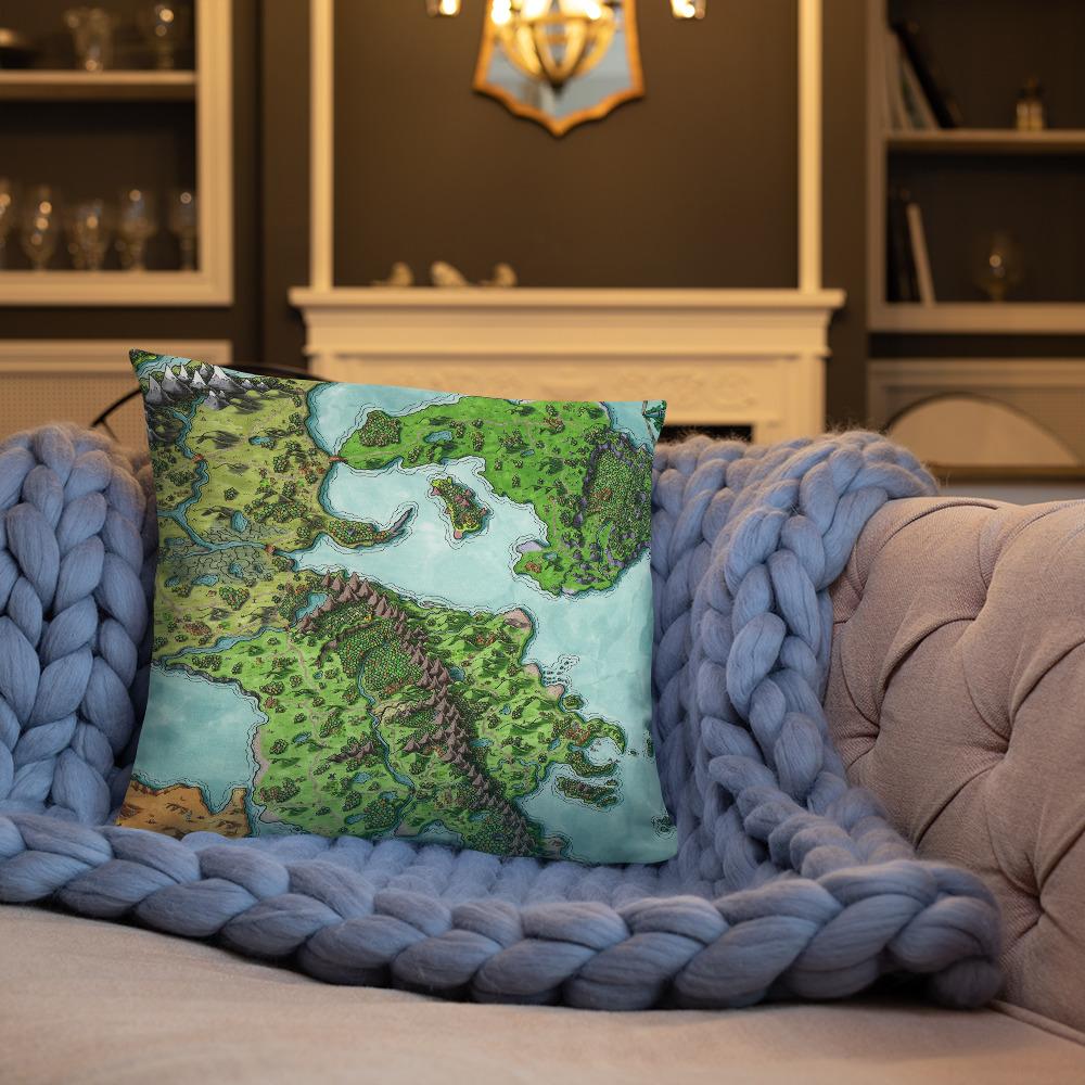 The Euphoros map by Deven Rue on a 22"x22" pillow, sitting on a couch.