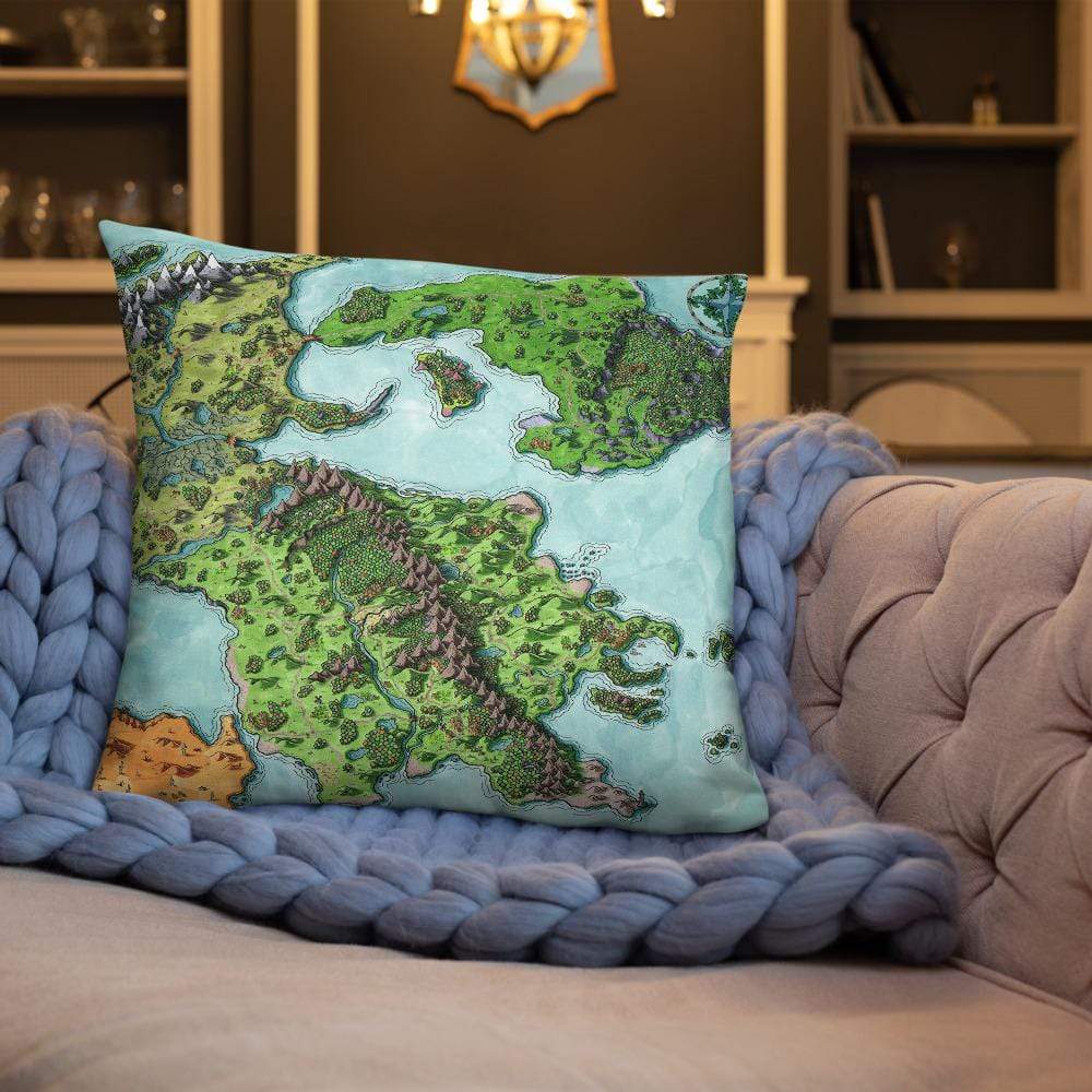The Euphoros map by Deven Rue on a 22"x22" pillow, sitting on a couch.