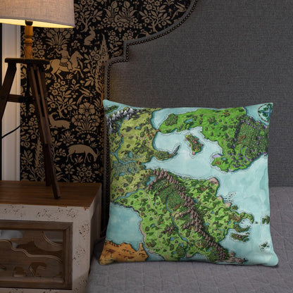 The Euphoros map by Deven Rue on a 22"x22" pillow, sitting on a bed.