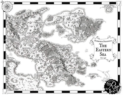 A preview of the black and white Euphoros map print with text.