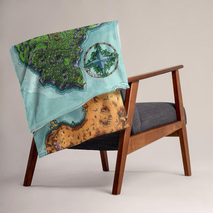 The Euphoros map by Deven Rue printed on a minky blanket is folded over the back of a chair.