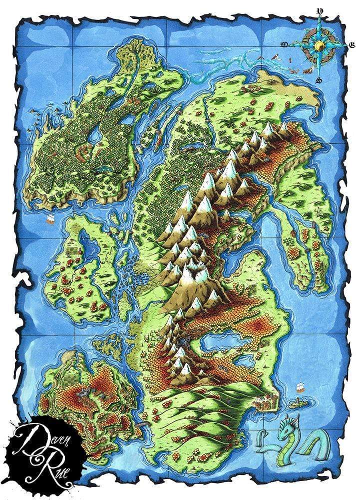 A preview of the colored version of the Everburn Islands map by Deven Rue.