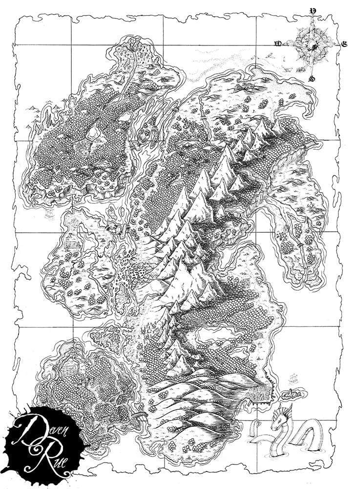A preview of the black and white version of the Everburn Islands Map with no text by Deven Rue.