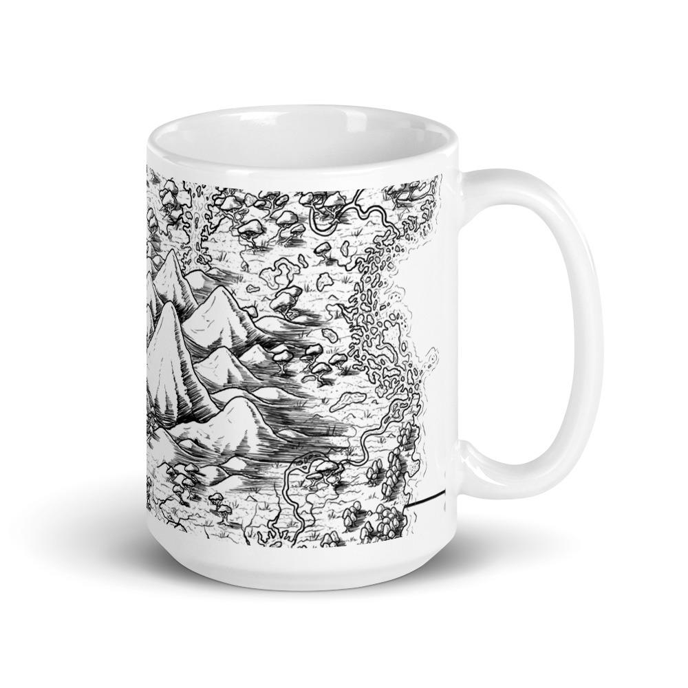 A black and white map by Deven Rue wraps around a white mug.