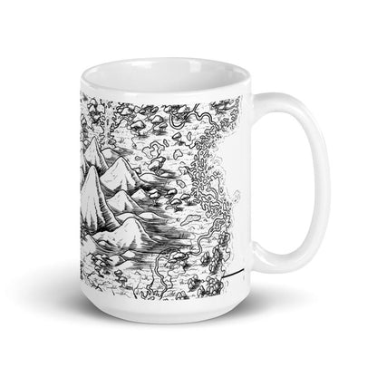 A black and white map by Deven Rue wraps around a white mug.