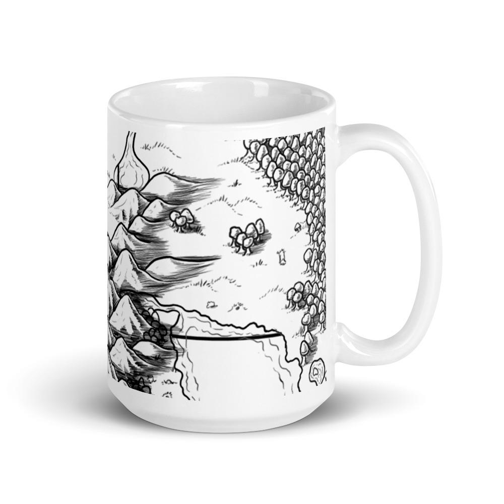 A black and white map of a mine entrance by Deven Rue wraps around a mug.