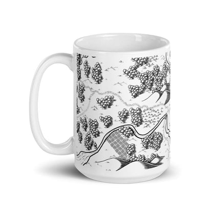 A mug featuring the Humble Beginnings black and white map by Deven Rue.