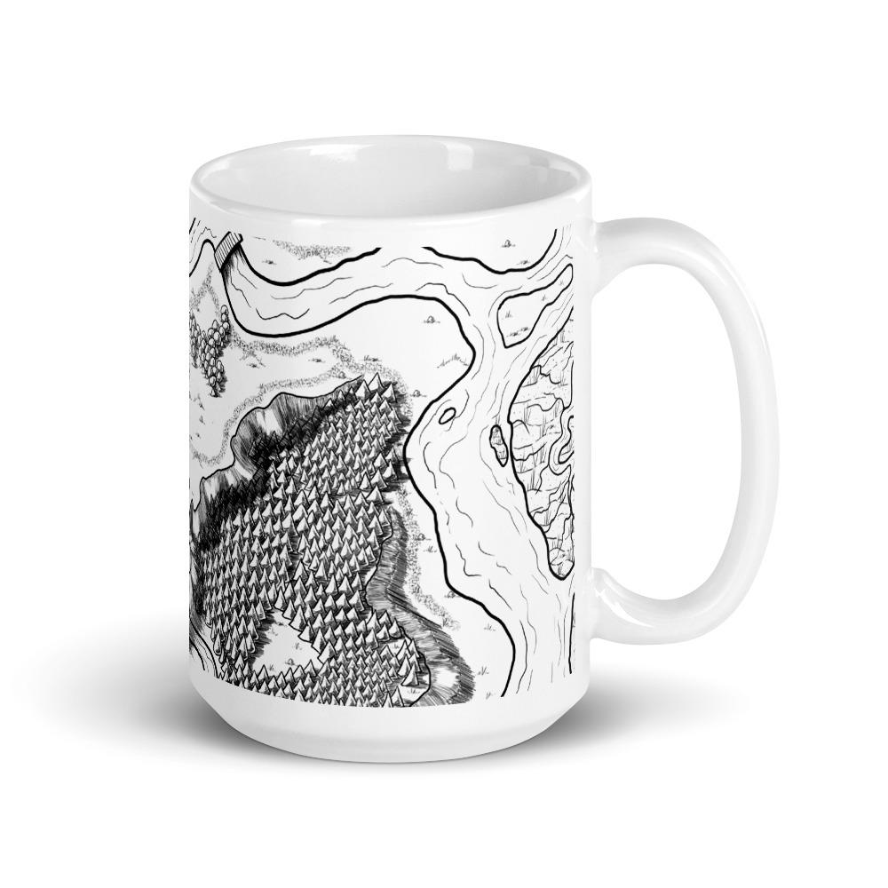 A mug featuring the Humble Honestead black and white map by Deven Rue.