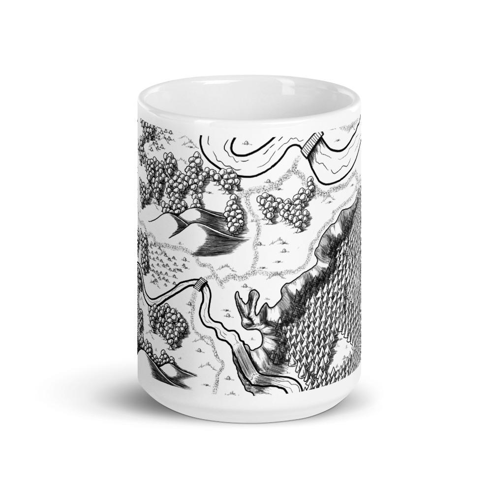 A mug featuring the Humble Honestead black and white map by Deven Rue.