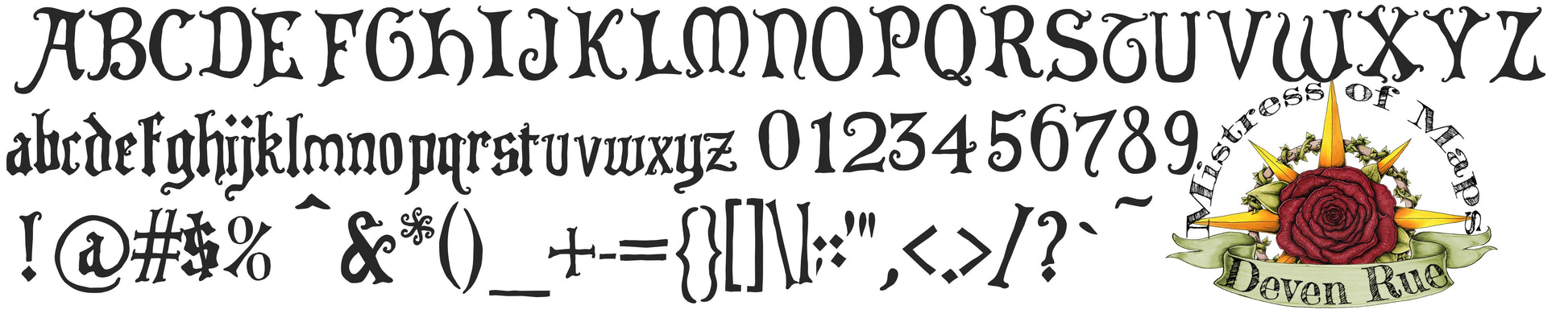 A preview of the letters in the Imperial Scribe Font by Deven Rue.