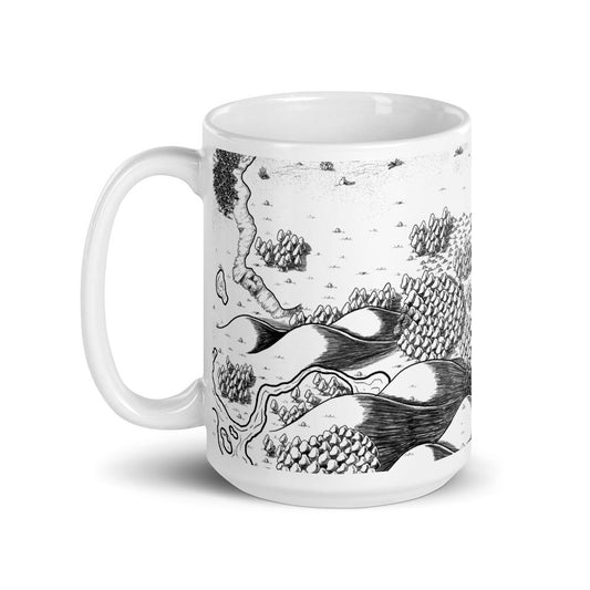 A mug featuring the Magical Arch black and white map by Deven Rue.