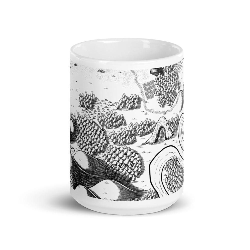 A mug featuring the Magical Arch black and white map by Deven Rue.