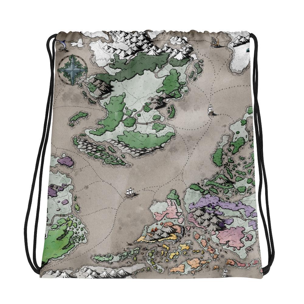 A drawstring bag with the Ortheiad map by Deven Rue printed on it.