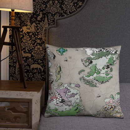 The Ortheiad map by Deven Rue on a 22"x22" pillow, sitting on a bed.