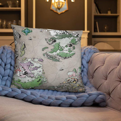 The Ortheiad map by Deven Rue on a 22"x22" pillow, sitting on a couch.