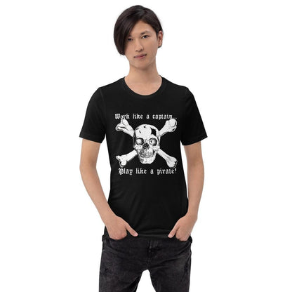 Another model wears the Play Like A Pirate shirt.