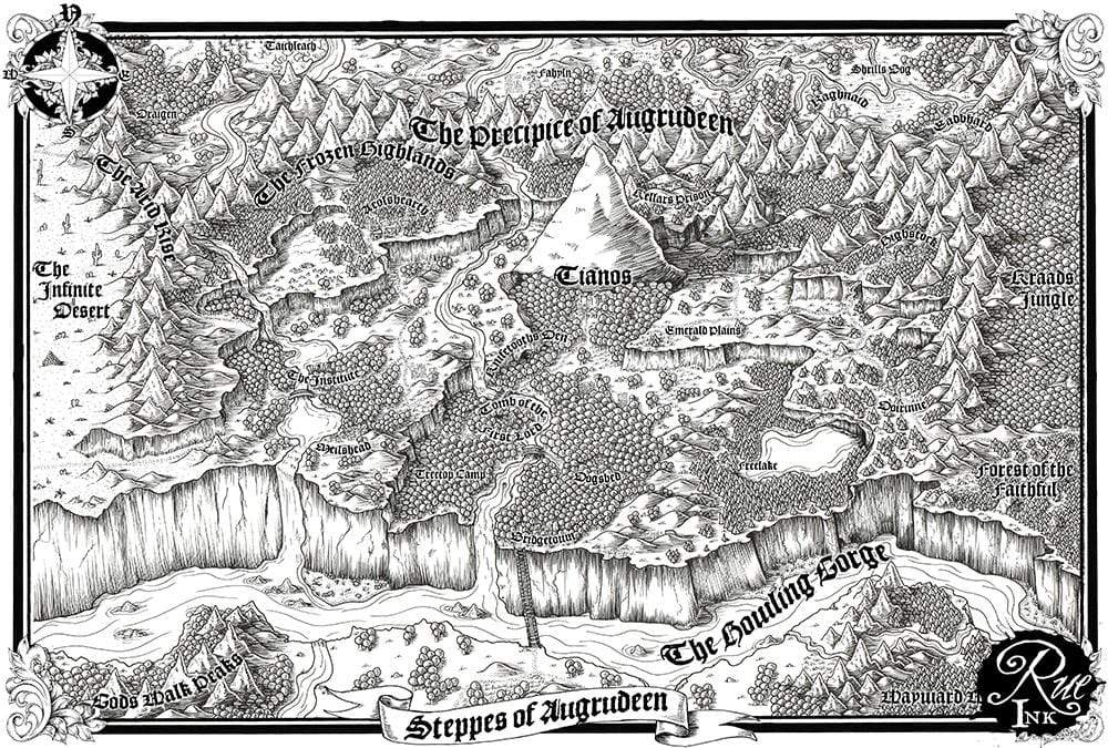 A preview of the Steppes of Augrudeen map in black and white with labels by Deven Rue.