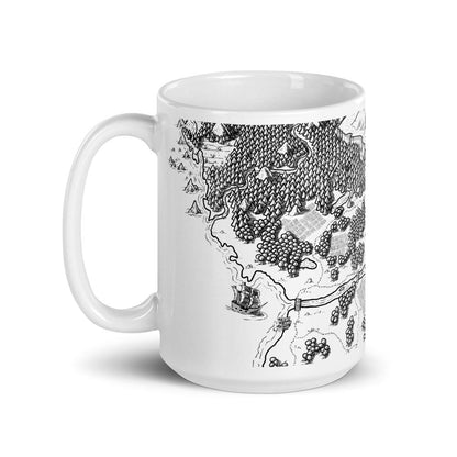 A mug featuring the Pulling into Port black and white map by Deven Rue.