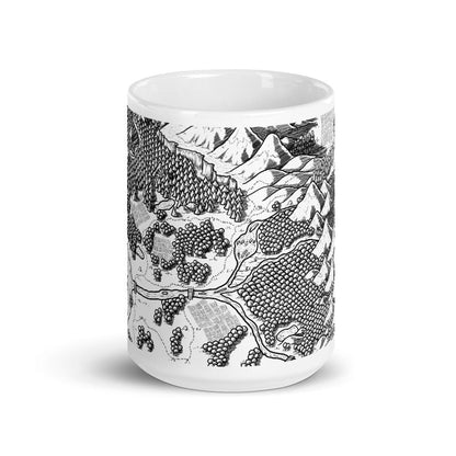 A mug featuring the Pulling into Port black and white map by Deven Rue.