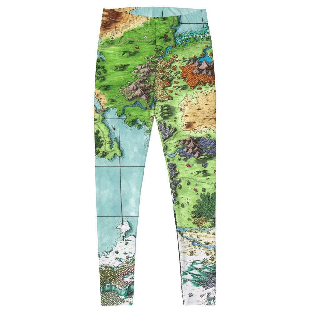 The Queen's Treasure map leggings by Deven Rue lays flat.