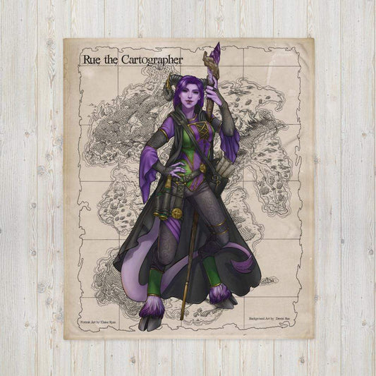 Rue the Cartographer, a purple tiefling by Deven Rue shown over a parchment map on this minky throw blanket.