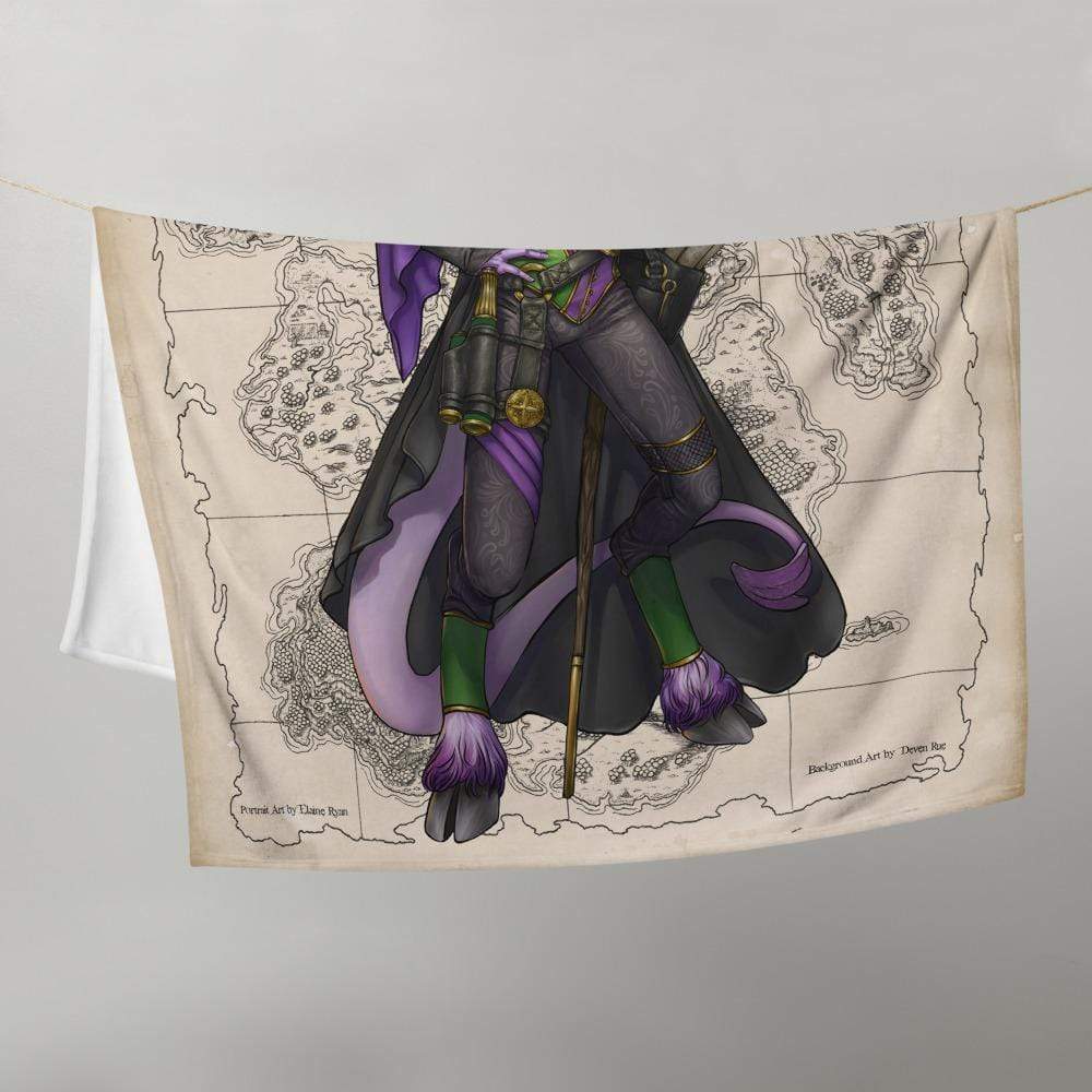A minky throw blanket featuring Rue the Cartographer, a purple tiefling by Deven Rue shown over a parchment map, hanging over a line.