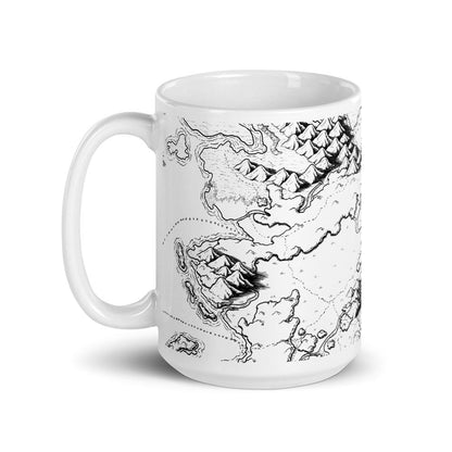 A mug featuring the Sailing into the Unknown black and white map by Deven Rue.