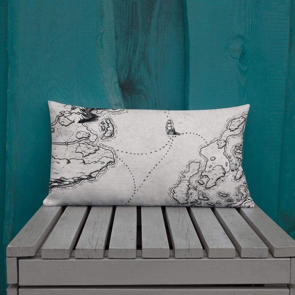Sailing into the Unknown Pillow by Deven Rue on an outdoor bench.