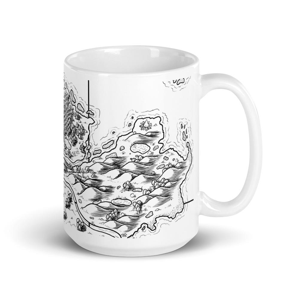 A mug featuring a black and white map by Deven Rue.