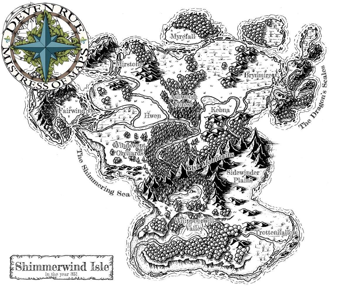 Shimmerwind Isle Map by Deven Rue in black and white.