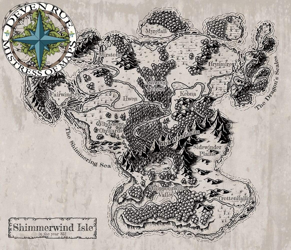 Shimmerwind Isle Map by Deven Rue in black and white with labels.