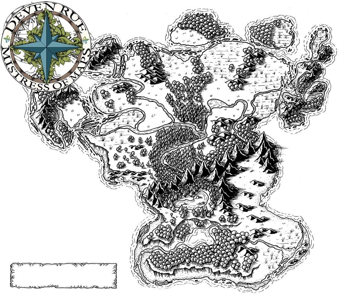 Shimmerwind Isle Map by Deven Rue in black and white with no labels.