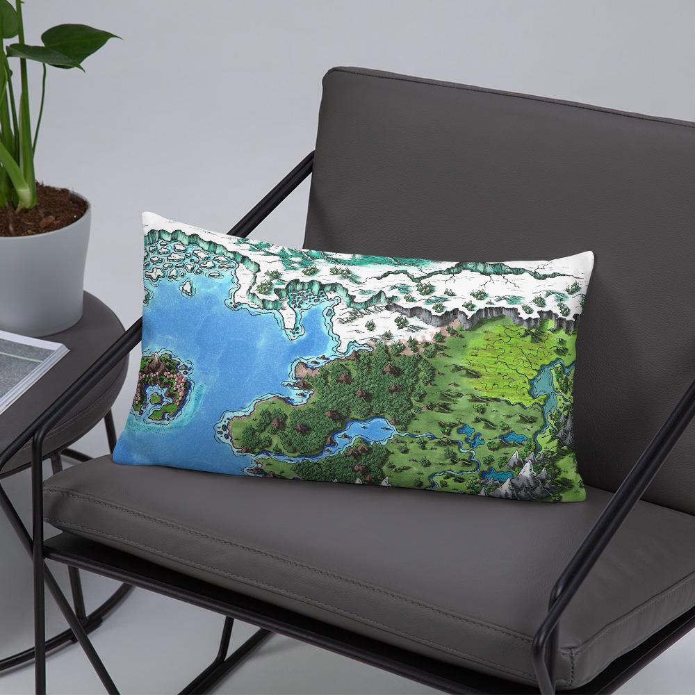 The Starfall map by Deven Rue on a 12"x20" pillow, sitting on a chair.