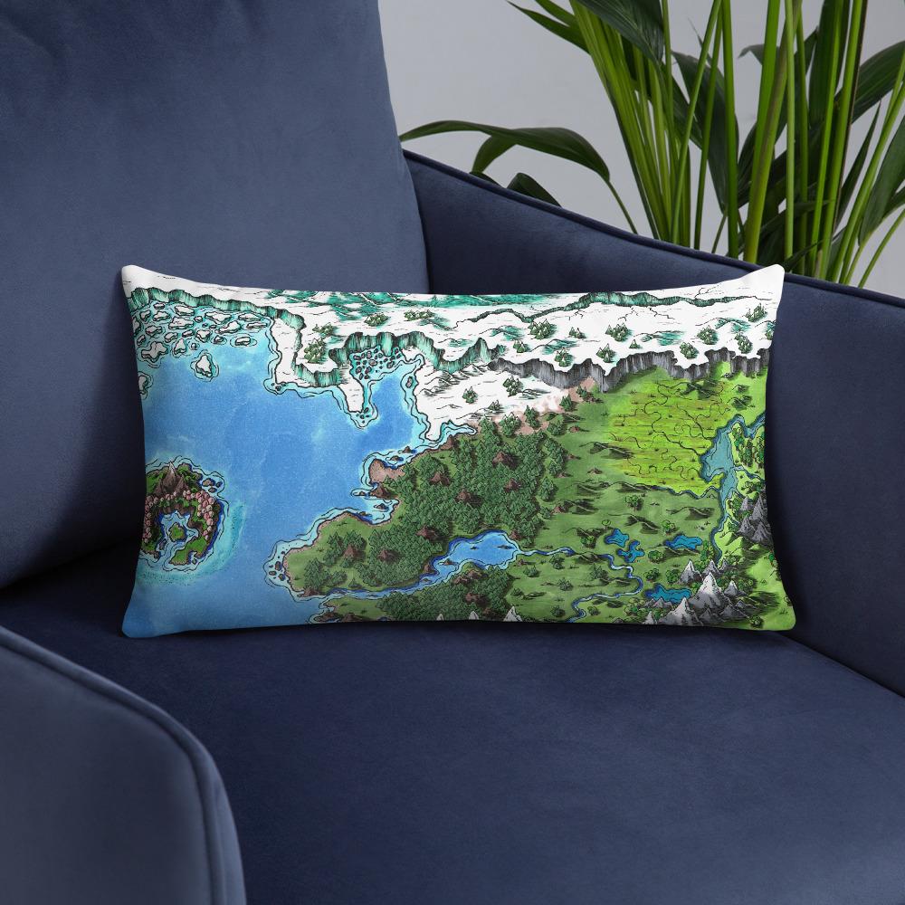 The Starfall map by Deven Rue on a 12"x20" pillow, sitting on a chair.