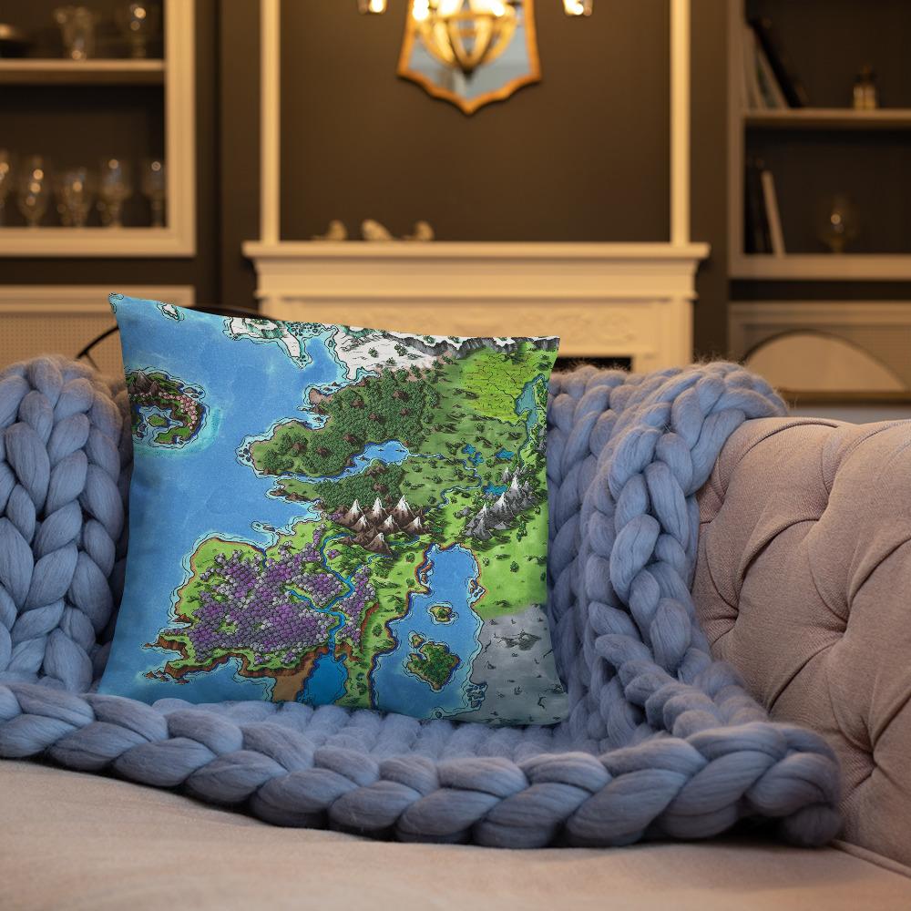The Starfall map by Deven Rue on a 18"x18" pillow, sitting on a couch.