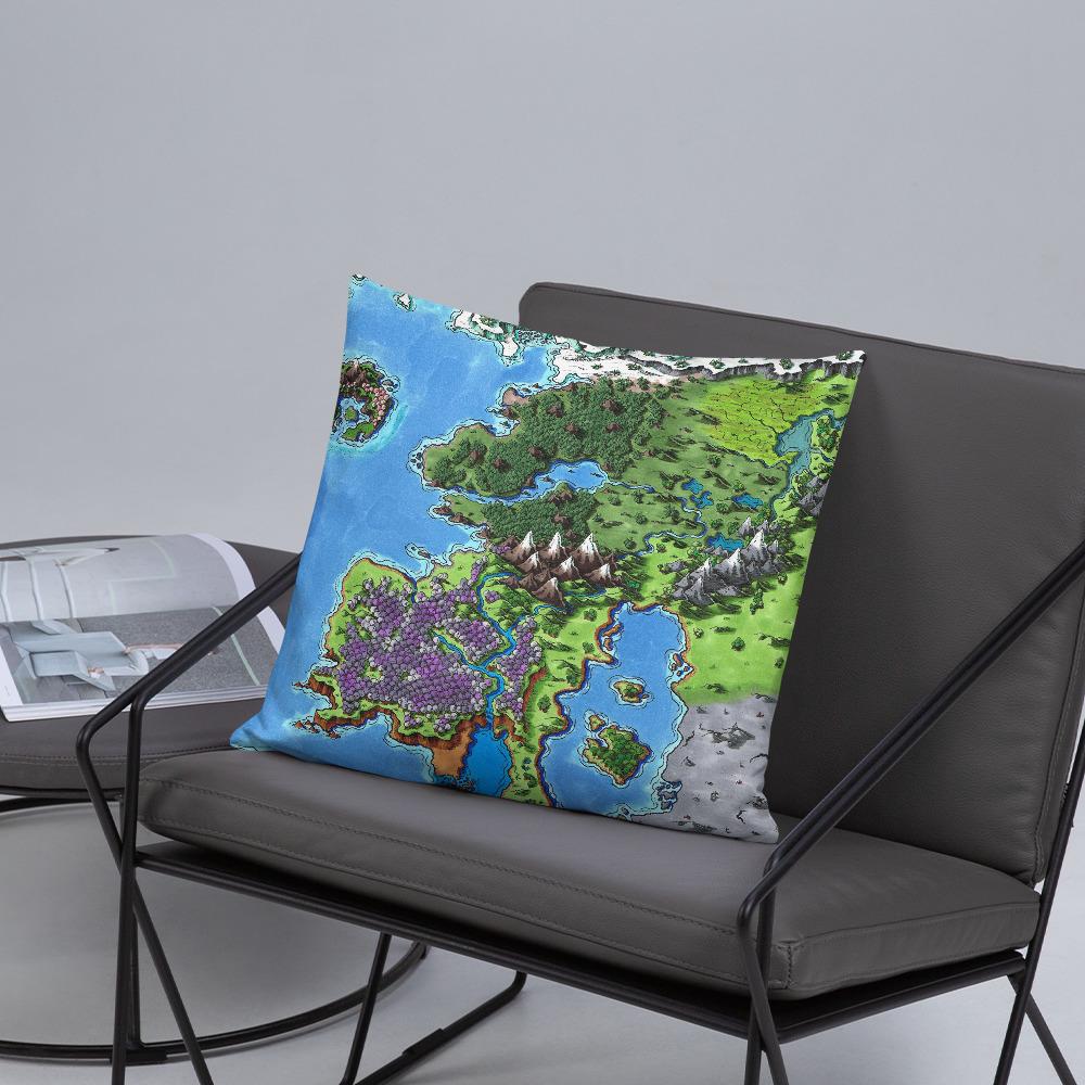 The Starfall map by Deven Rue on a 18"x18" pillow, sitting on a chair.