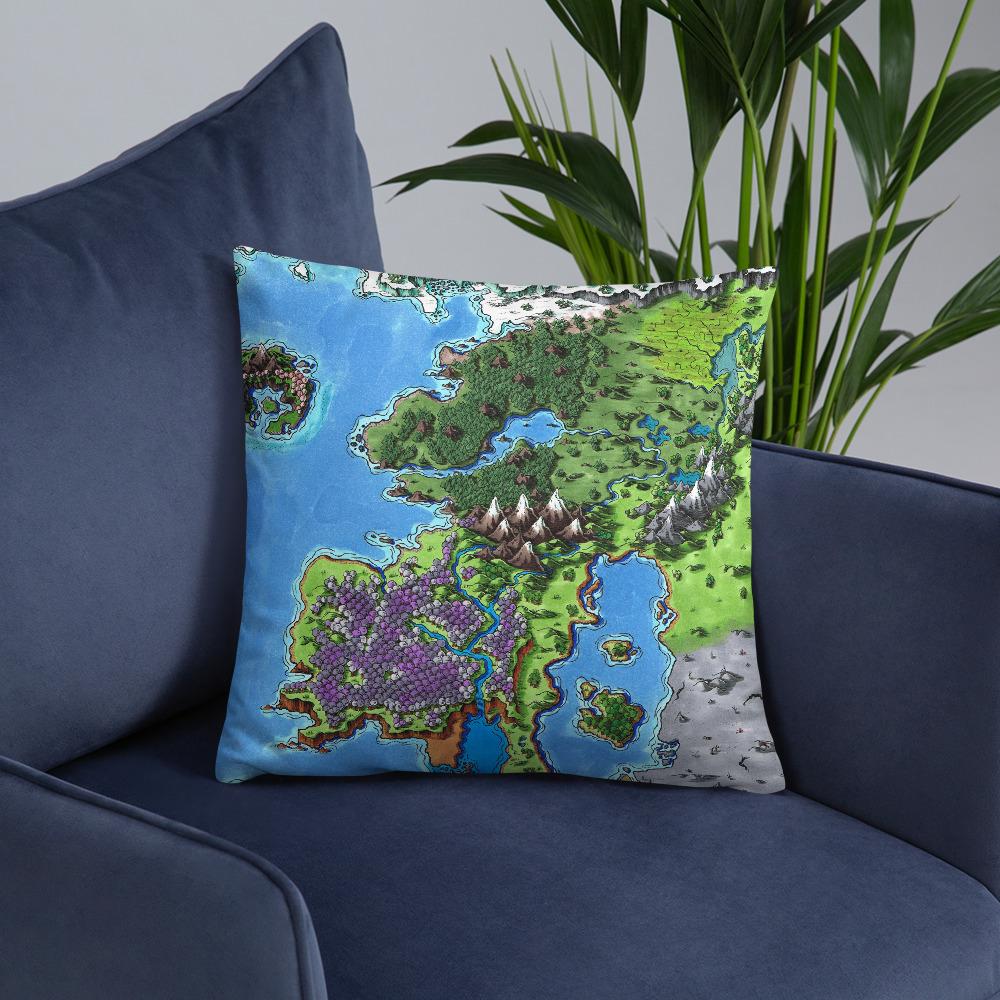 The Starfall map by Deven Rue on a 18"x18" pillow, sitting on a chair.