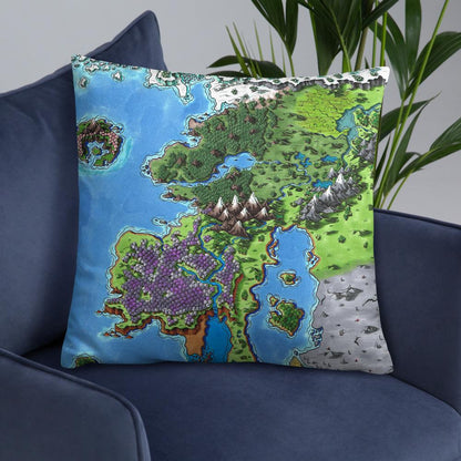 The Starfall map by Deven Rue on a 22"x22" pillow, sitting on a chair.