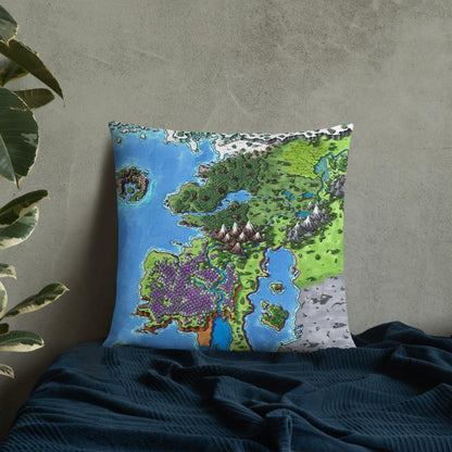 The Starfall map by Deven Rue on a 22"x22" pillow, sitting on a bed.
