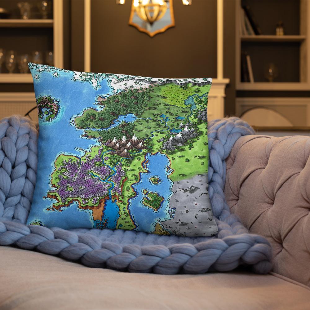 The Starfall map by Deven Rue on a 22"x22" pillow, sitting on a couch.