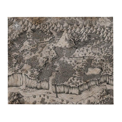 The Steppes of Augrudeen parchment map by Deven Rue is printed on a minky blanket, spread out to show the design.